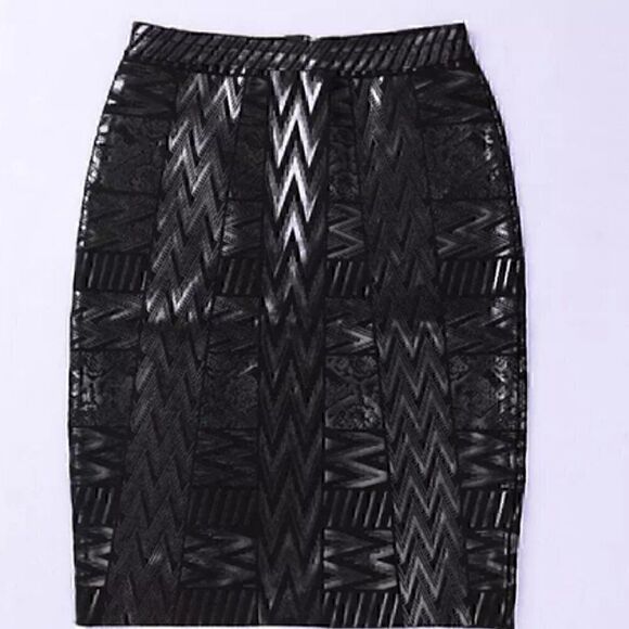 Black Metallic Leather Bandage Skirt Geometric Mini Bodycon High Waist Skirt S - Picture 9 of 12